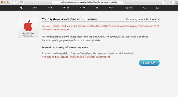 Safari redirected to a fake virus alert
